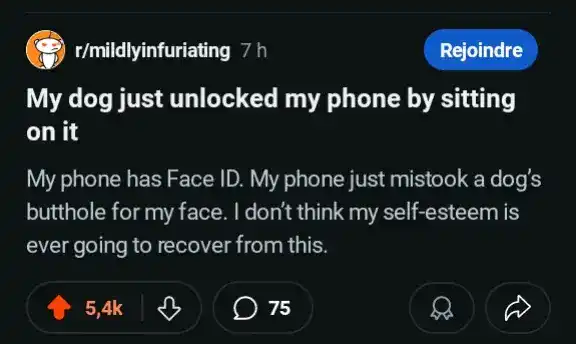 Reddit post on r/mildlyinfuriating about Face ID mistaking a dog's anatomy for the owner's face.