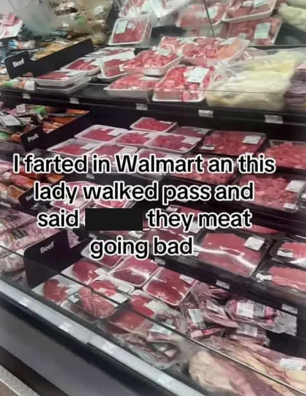 Walmart meat aisle photo with text about a fart mistaken for spoiled beef products.