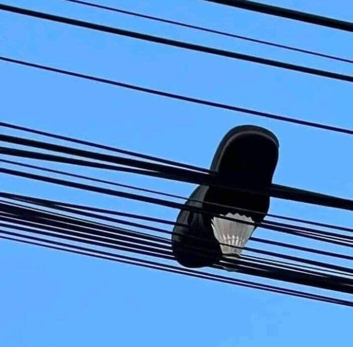 A single black sandal and a badminton shuttlecock are stuck high up on power lines.