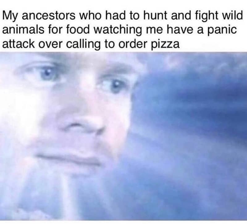 The blinking white guy meme fading into a blue sky background, with ancestor pizza text.