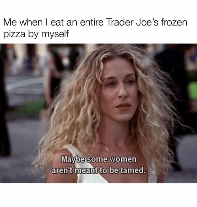 Carrie Bradshaw from Sex and the City looking thoughtful, with frozen pizza text.
