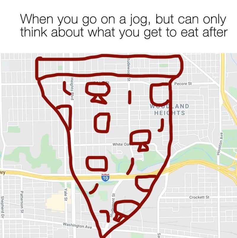 A fitness tracker running map path drawn in the distinct shape of a pizza slice.