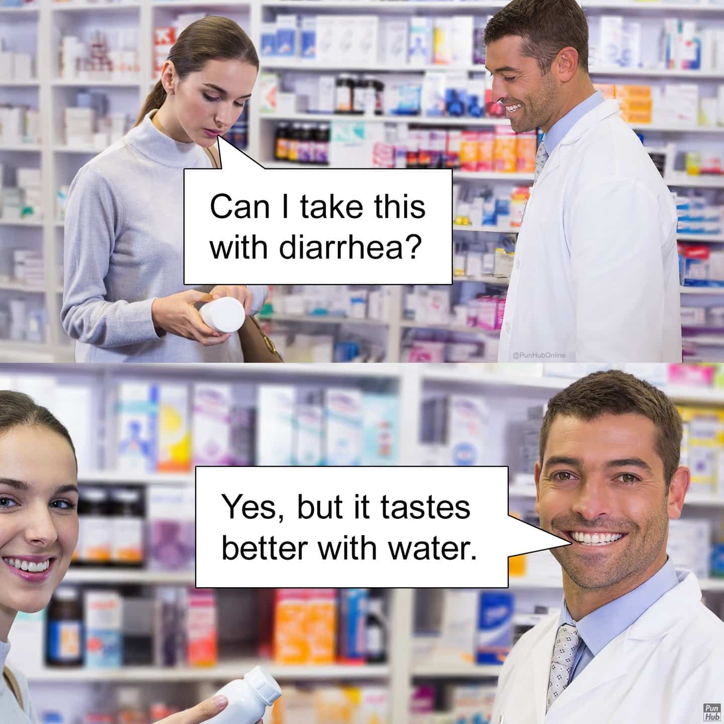 Two-panel pharmacy meme with a pharmacist giving a hilariously literal answer about taking medication.