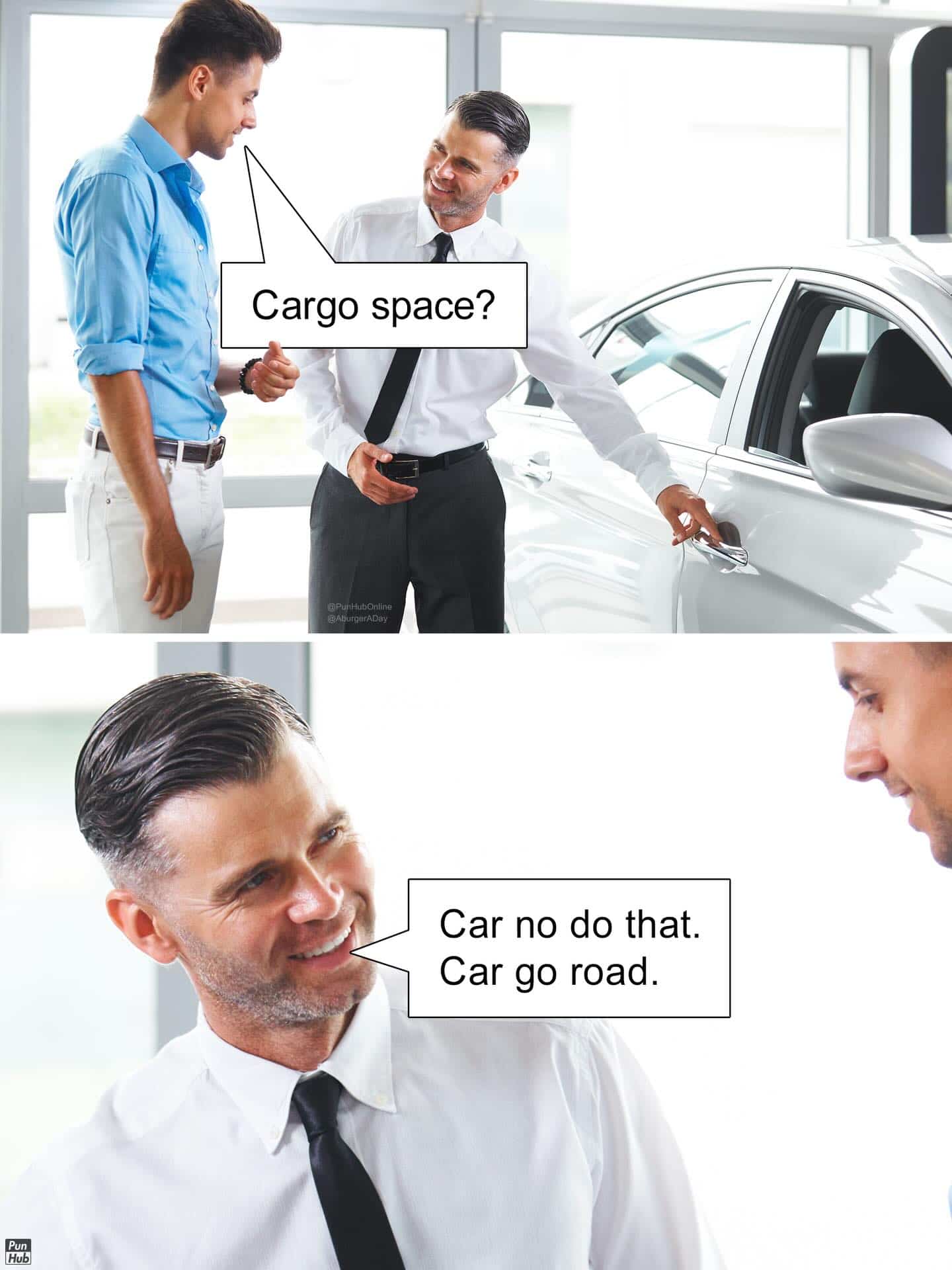 Two-panel car dealership meme featuring a salesman delivering a caveman-style pun about cargo space.