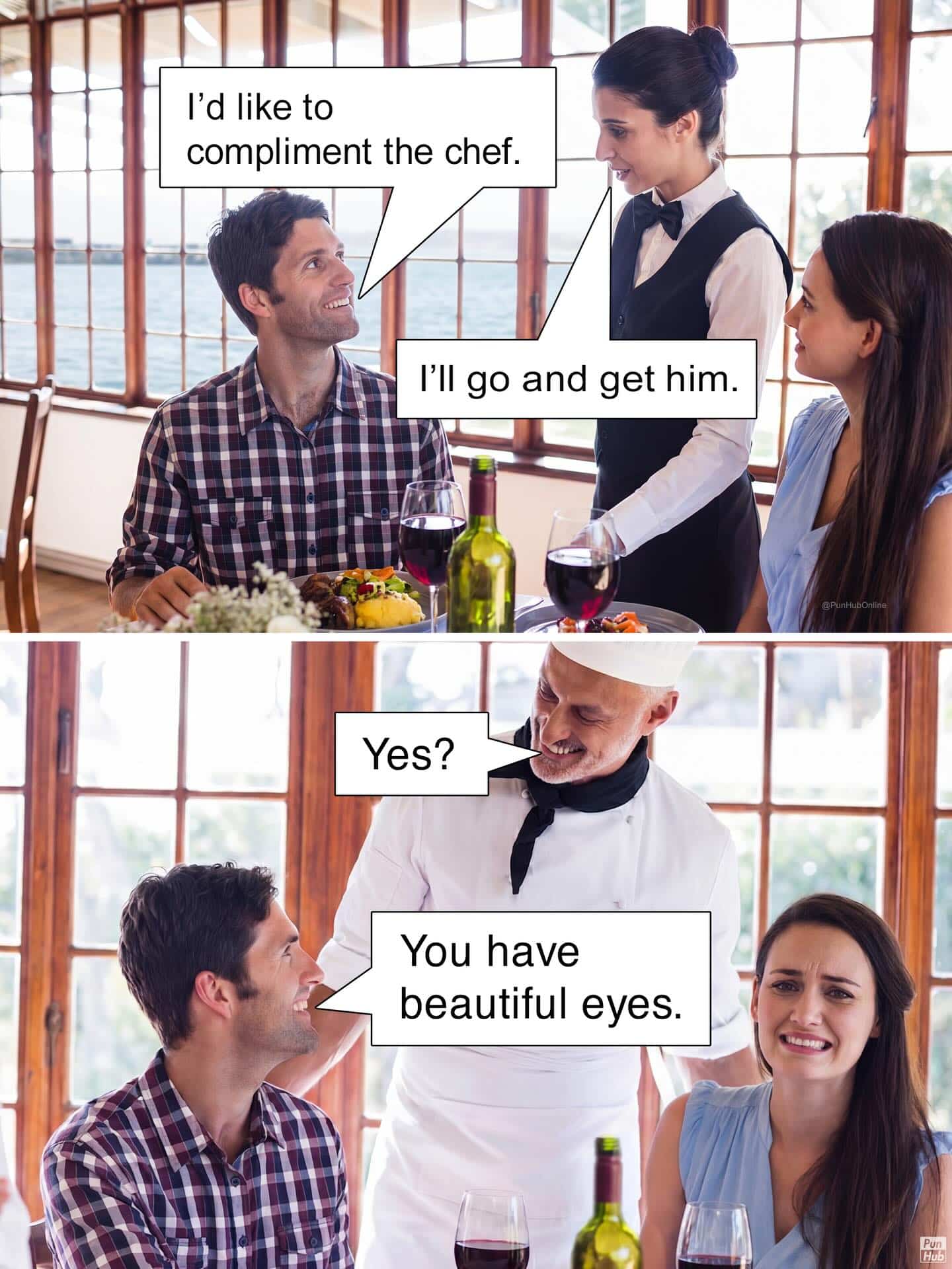 Two-panel restaurant meme where a customer gives a literal compliment to the smiling chef.
