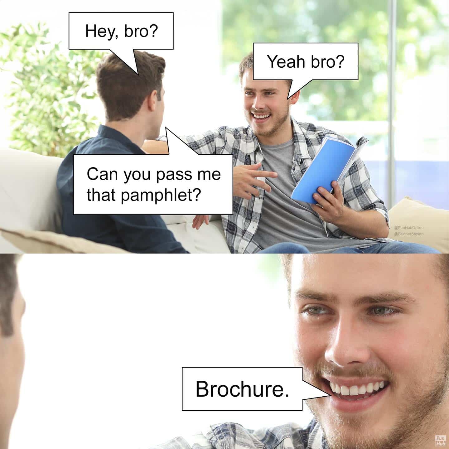 Two-panel bro meme showing a guy delivering a perfect pun while holding a blue pamphlet.