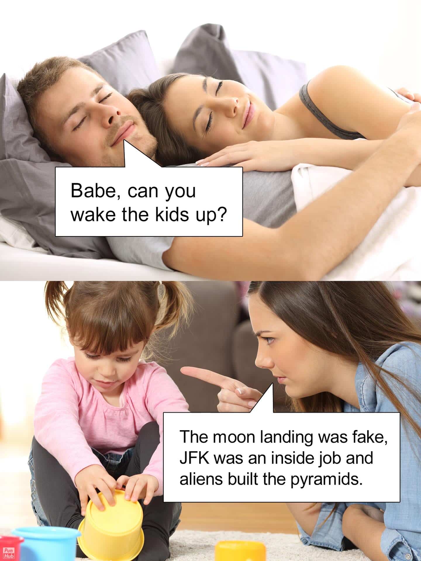 Two-panel meme where a mother wakes up her child by aggressively whispering conspiracy theories.