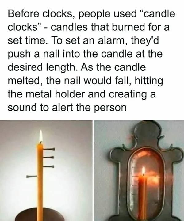 A side-by-side comparison of historical candle clocks shows how nails were used as early alarms, representing a clever chronological random fact.