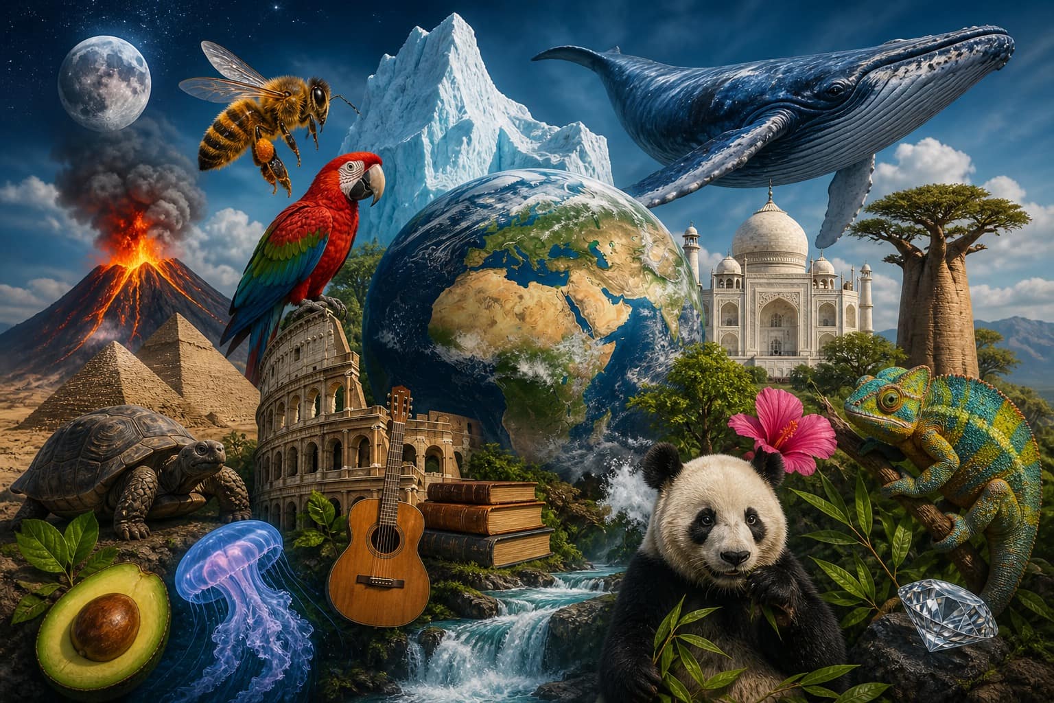 random facts gallery showcasing nature’s quirks like bees building living chains, the original golden-peaked pyramids, and the recursive process of making Kit Kat bars from other Kit Kats.