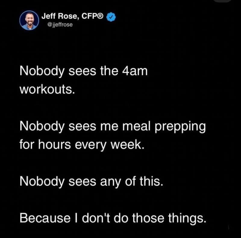 A witty, self-deprecating text tweet from financial professional Jeff Rose completely subverts typical hustle culture productivity tropes, anchoring a widely shared relatable meme.