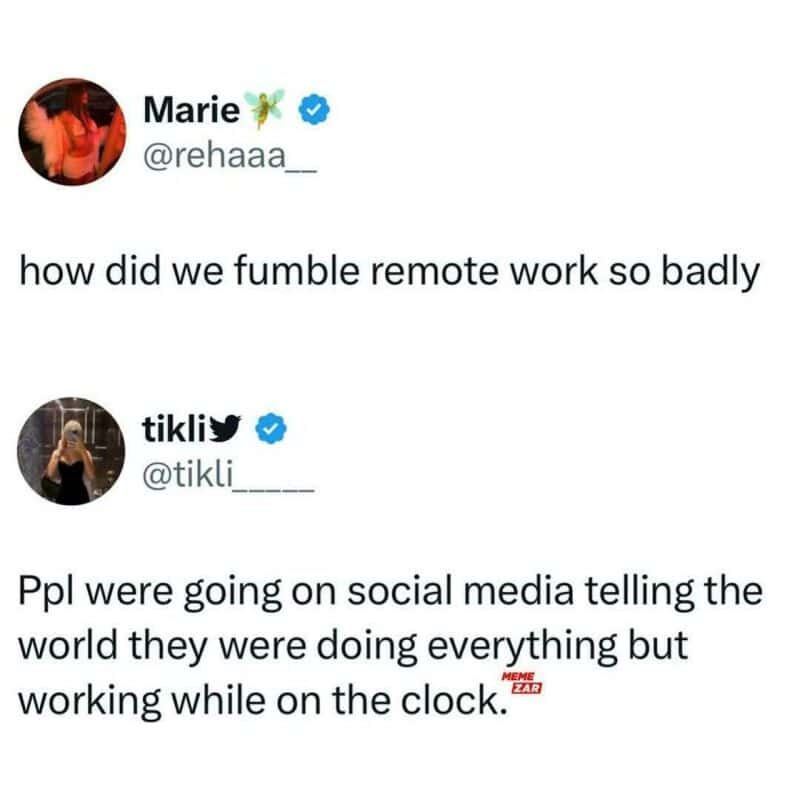 A micro social media debate between users Marie and tikli humorously breaks down how over-sharing remote workers accidentally compromised global work-from-home privileges, framing a timely relatable meme.