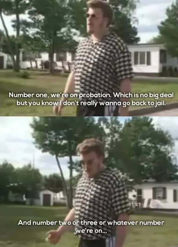 Two panels of Ricky wearing sunglasses walking outdoors in a trailer park.