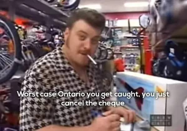 Ricky smoking a cigarette while signing a document at a Canadian Tire store
