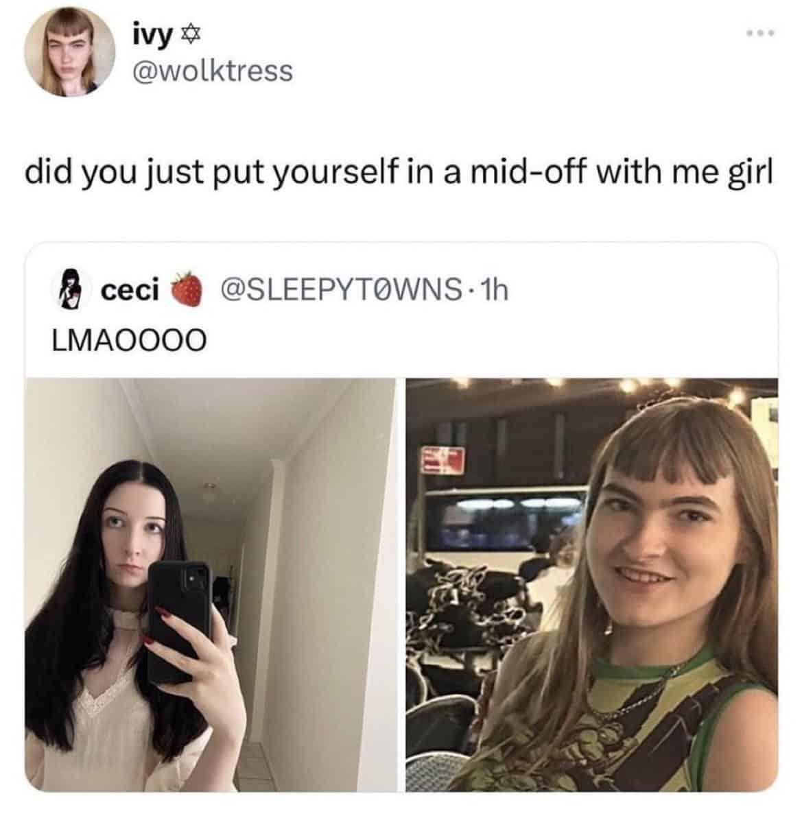 A high-speed self deprecating meme interaction where a user challenges another to a "mid-off," implying that both of them are perfectly average-looking at best.