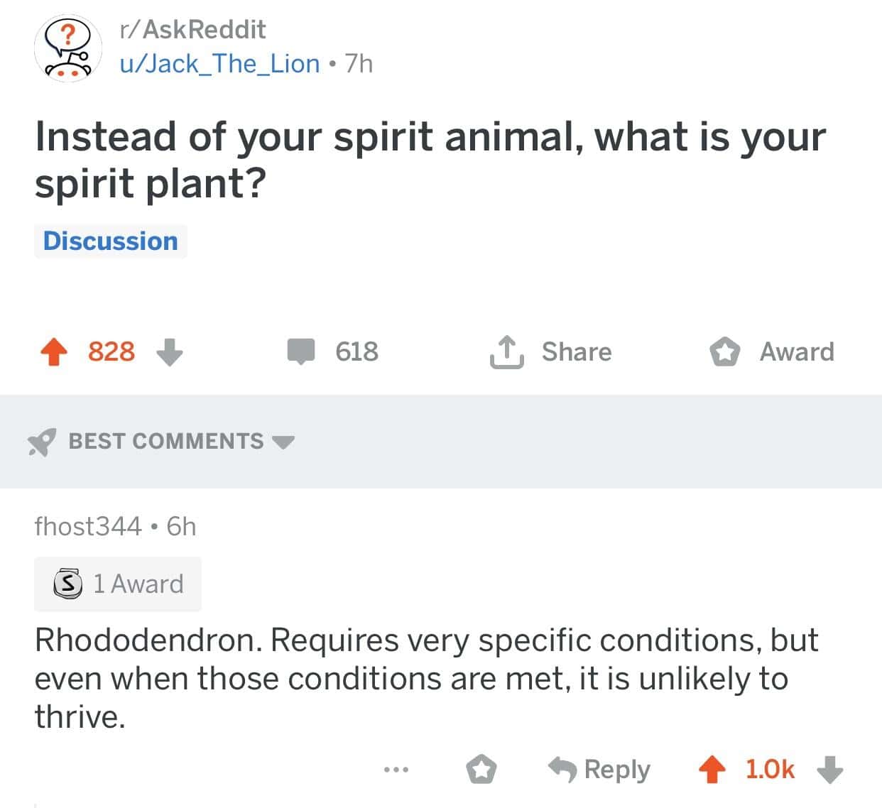 A self deprecating meme response to an AskReddit question about "spirit plants," with a user identifying as a Rhododendron because they unlikely to thrive even when specific conditions are met.