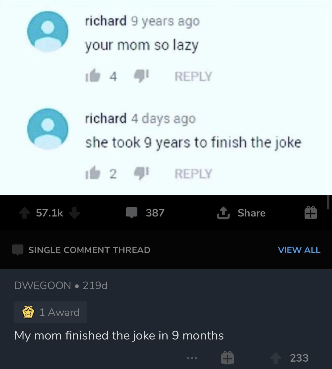 A brutal self deprecating meme combining a "yo mama" joke with a Reddit reply where the user admits to being the "joke" their mom finished in nine months.