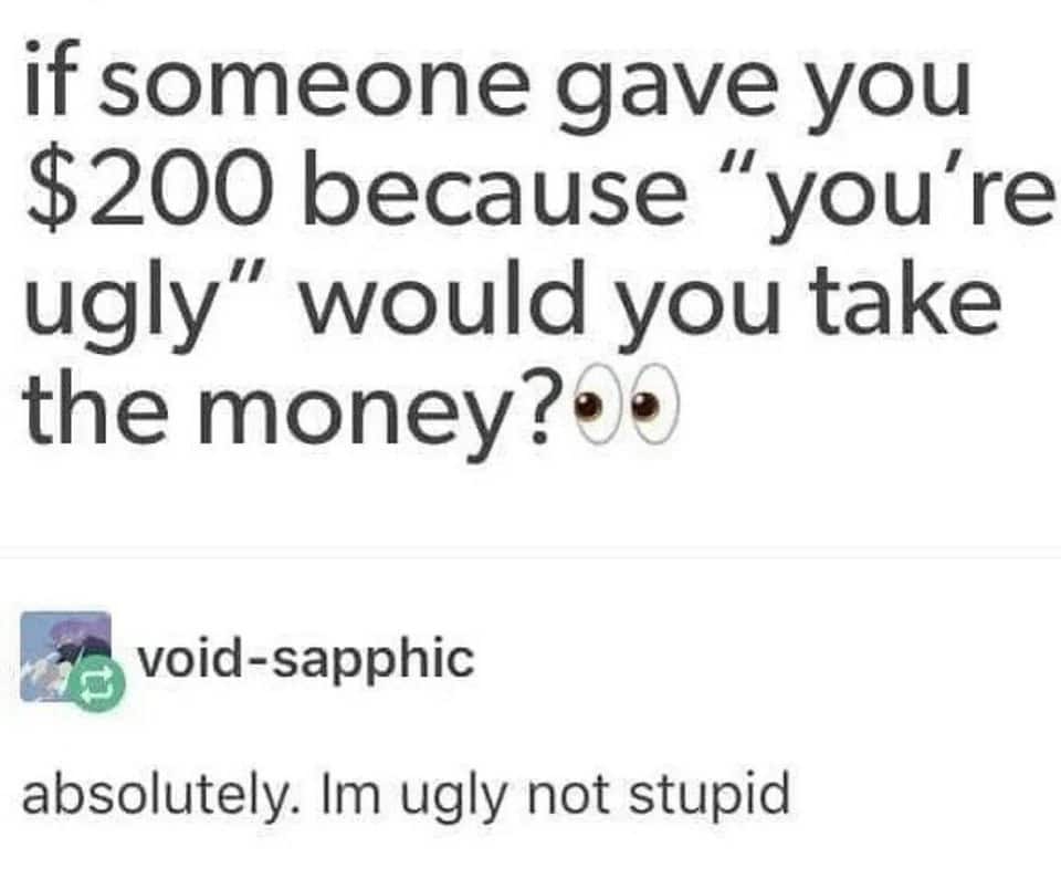 A text-based self deprecating meme where a user named void-sapphic responds to the hypothetical question of taking $200 for being called ugly with, "absolutely. Im ugly not stupid."