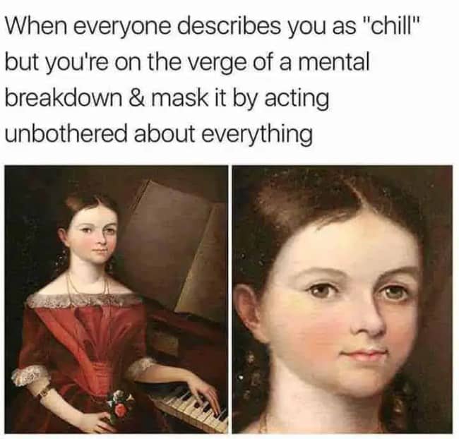 A classical painting of a young woman at a piano with a zoomed-in face showing a forced calm expression.