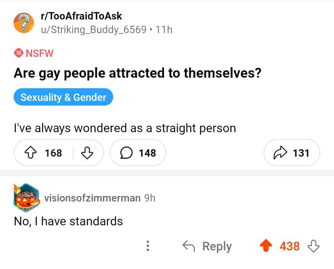 A self deprecating meme reply on Reddit to the question "Are gay people attracted to themselves?" with the short, cutting answer: "No, I have standards."