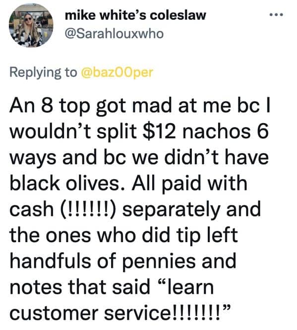 Story about an 8-person table splitting a cheap appetizer and leaving pennies as a tip.
