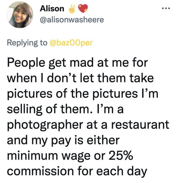 Tweet from a restaurant photographer complaining about customers taking pictures of their physical sale photos.