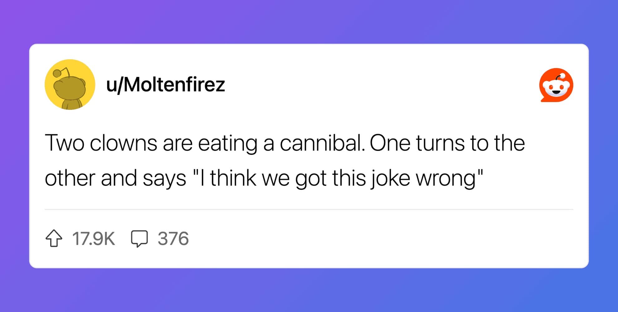 u/Moltenfirez posts Reddit joke about two clowns eating a cannibal. One says, "I think we got this joke wrong."