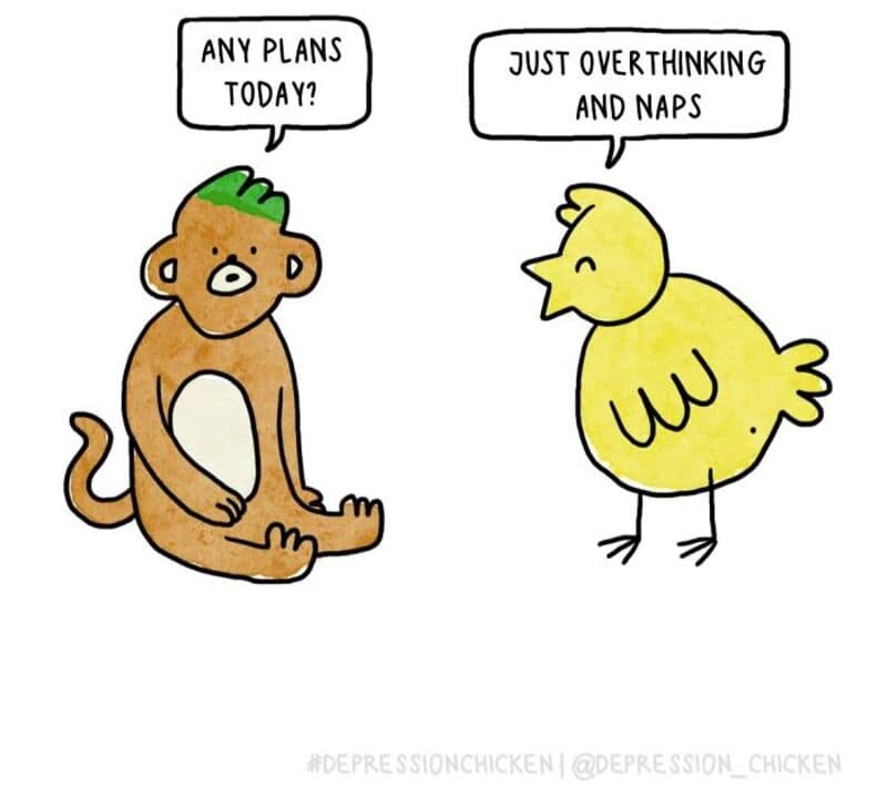 A relaxed single panel comic concludes the segment with the brown monkey asking about daily schedules, and the yellow chick happily replying, "JUST OVERTHINKING AND NAPS."