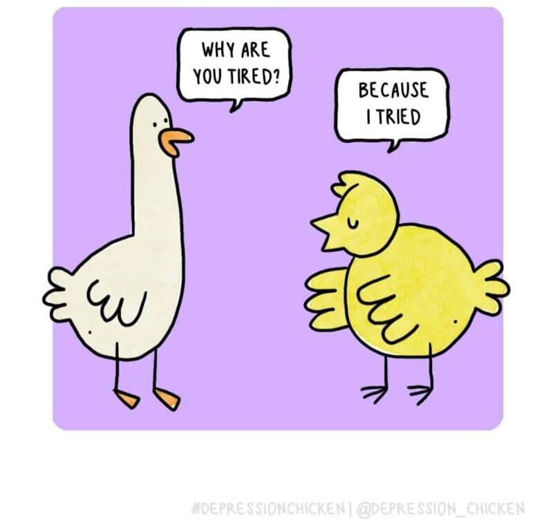 A poignant entry from the Depression Chicken comics collection inside a light purple frame shows a tall white goose asking, "WHY ARE YOU TIRED?", and the little yellow chick answering simply, "BECAUSE I TRIED."