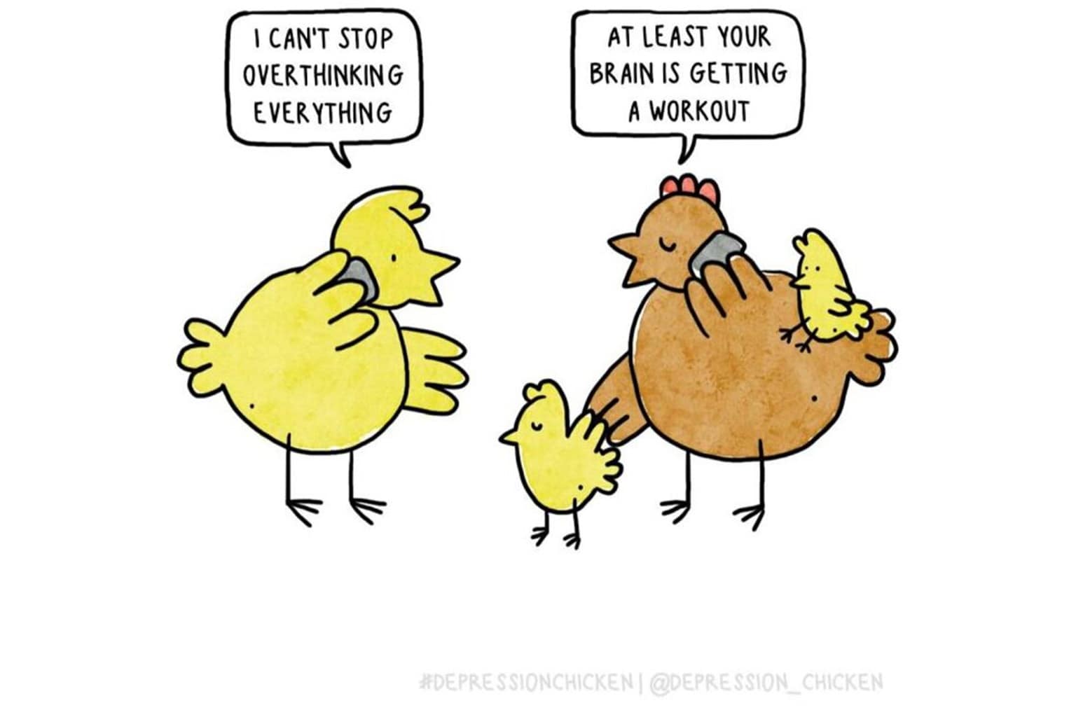 A comprehensive single panel comics archive gathering highly viral entries from the Depression Chicken comics collection, highlighted by a yellow chick receiving a first-place trophy for overthinking things that never happen, an office scene of a bird managing a copy machine with folders labeled "LIFE," and a job interview strip with a vibrant peacock.