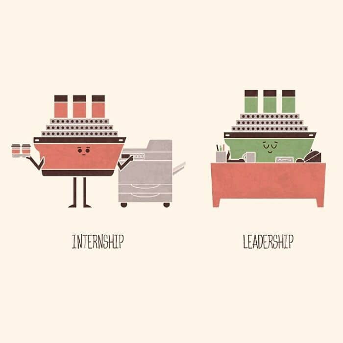 A corporate Get Your Hands Off My Dinosaur comic showing a steamboat as an "Internship" carrying coffee to a printer, contrasted with a green "Leader-ship" sitting authoritatively at an office desk.