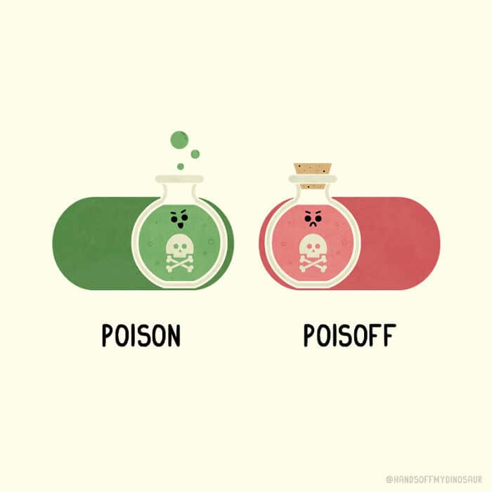 A visual pun single panel comic showing a green bubbling potion labeled "Poison" (on) and a red, angry-faced potion labeled "Poisoff" (off).