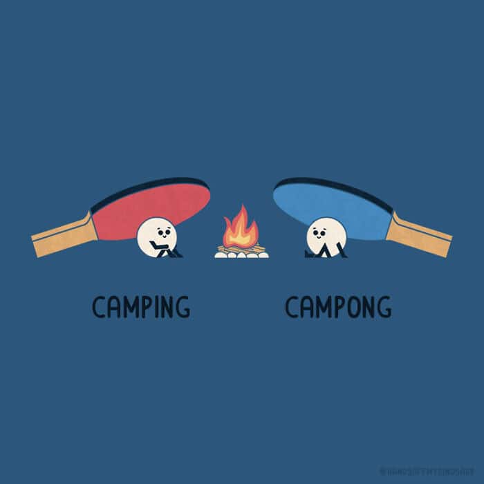 A cozy Get Your Hands Off My Dinosaur comic titled "Camping" and "Campong," featuring two ping pong balls huddling under paddles like tents around a campfire.
