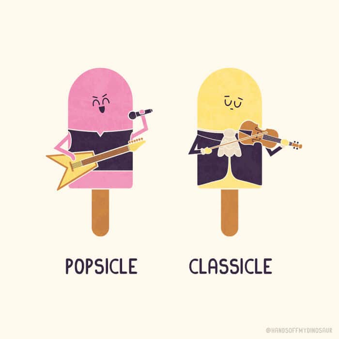 A colorful single panel comic comparing a "Popsicle" performing as a rock star with a guitar and mic to a "Classicle," a yellow popsicle in a tuxedo playing a violin.
