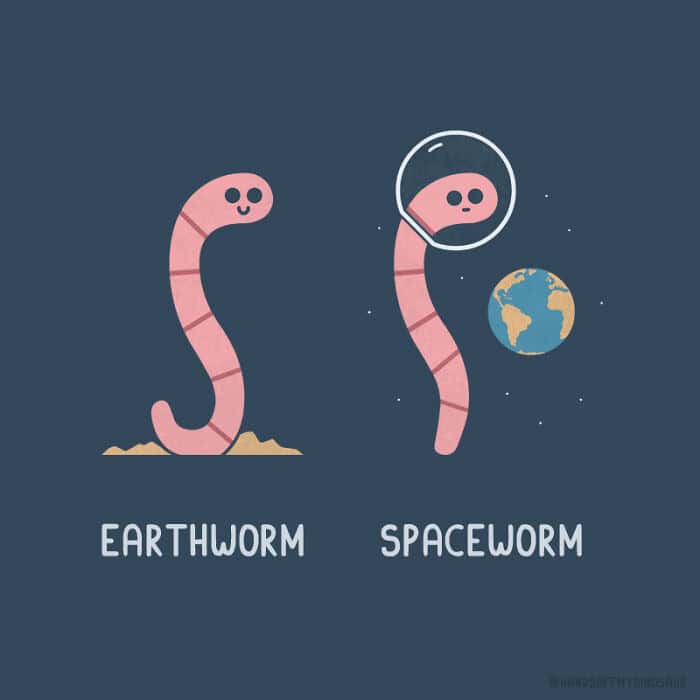 A space-themed Get Your Hands Off My Dinosaur comic showing an "Earthworm" in a pile of dirt and a "Spaceworm" wearing an astronaut helmet floating next to a tiny planet Earth.