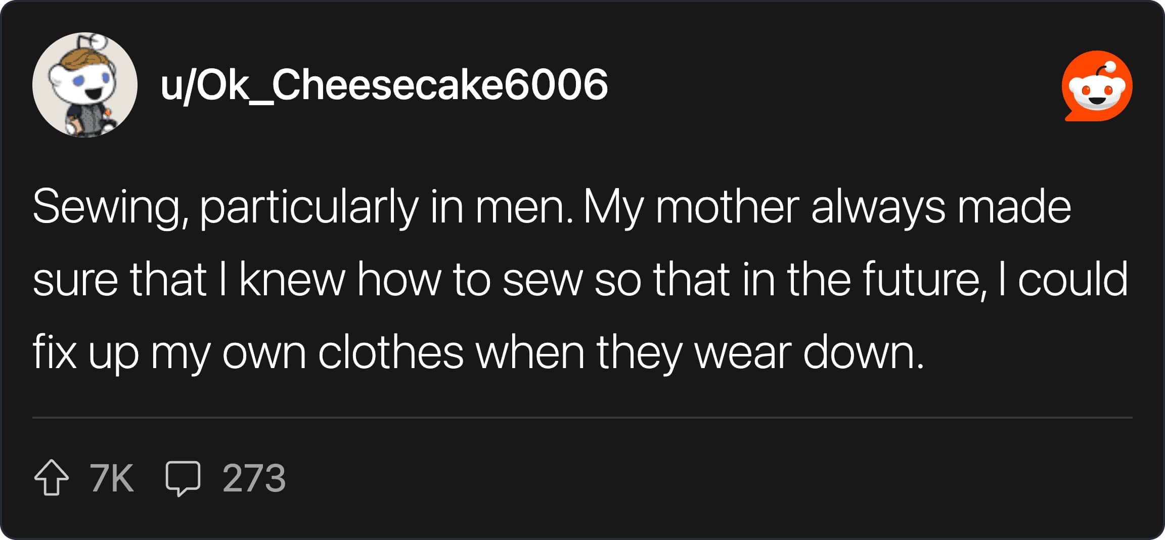 Reddit comment screenshot discussing how sewing clothes is a valuable lifelong skill currently dying out.