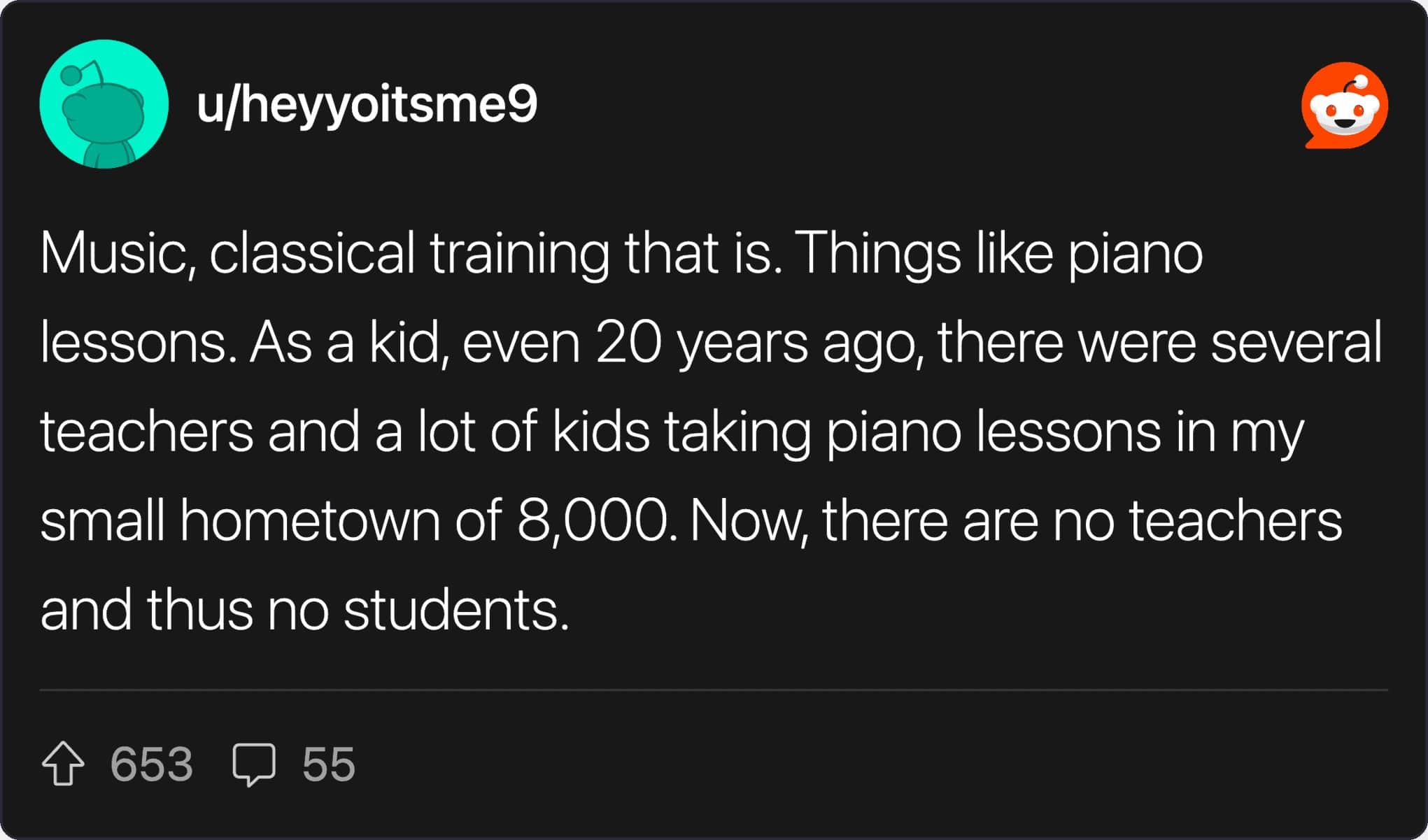 Reddit post screen capture analyzing the disappearing availability of classical music training and piano lessons in small towns.
