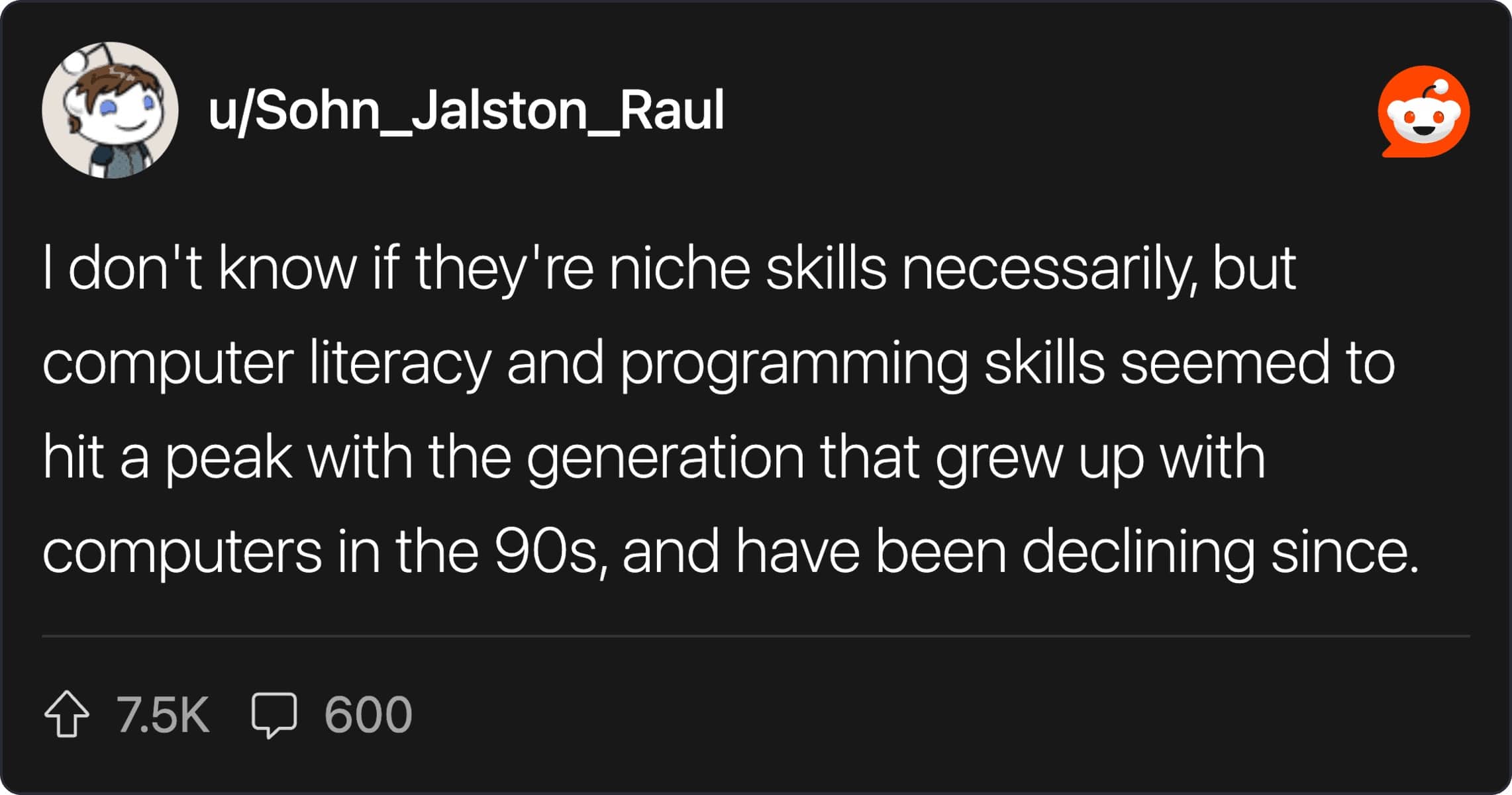 Reddit post screenshot about the decline of true computer literacy and programming skills in younger generations.