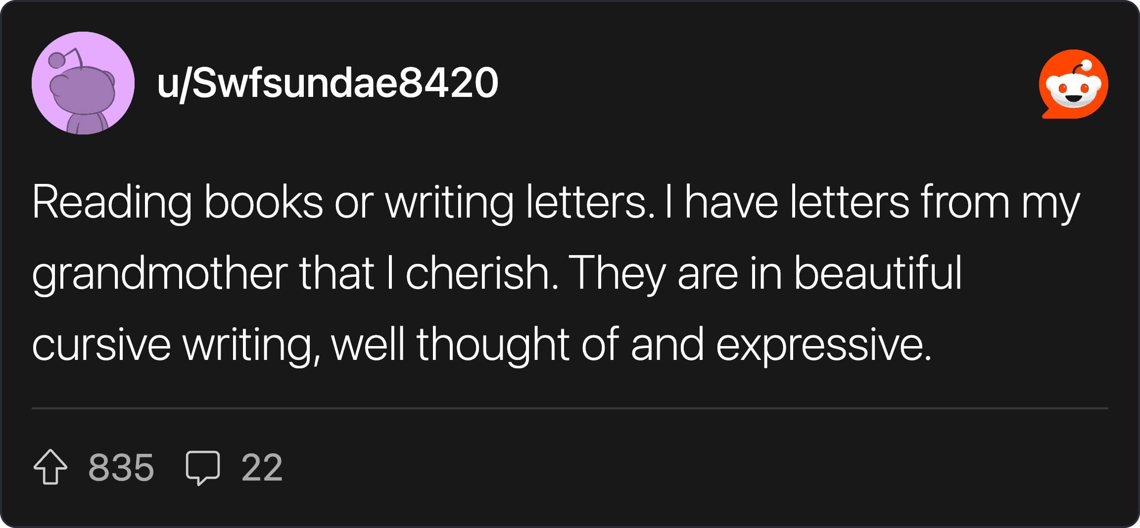 Reddit post screenshot discussing the loss of reading actual physical books and writing sentimental cursive letters.