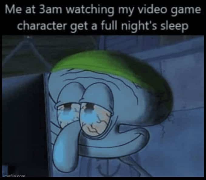 Red-eyed Squidward staring at a screen while his game character sleeps peacefully.
