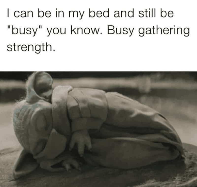 Grogu sleeping soundly with text about gathering strength while being busy in bed.