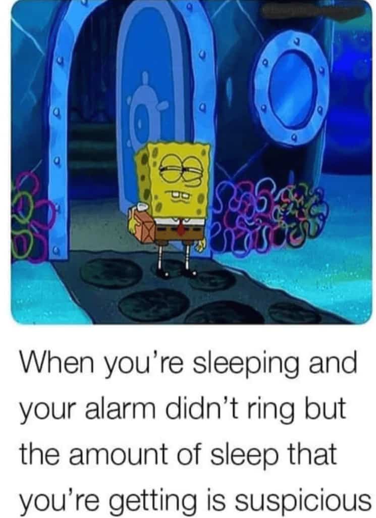 SpongeBob looking suspicious and tired outside his home in the dark.