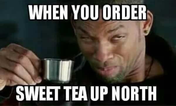 Meme featuring Will Smith squinting suspiciously at a small metal cup of tea.