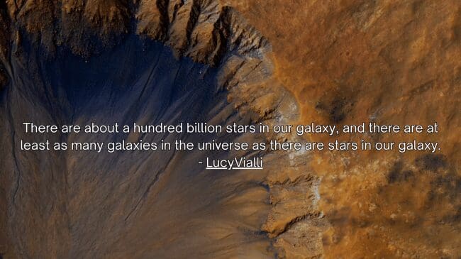 A satellite image tracking a deep, erosion-lined crater on a barren planetary surface matches a macro-scale space fact from LucyVialli mapping the billions of stars and galaxies across the observable universe.