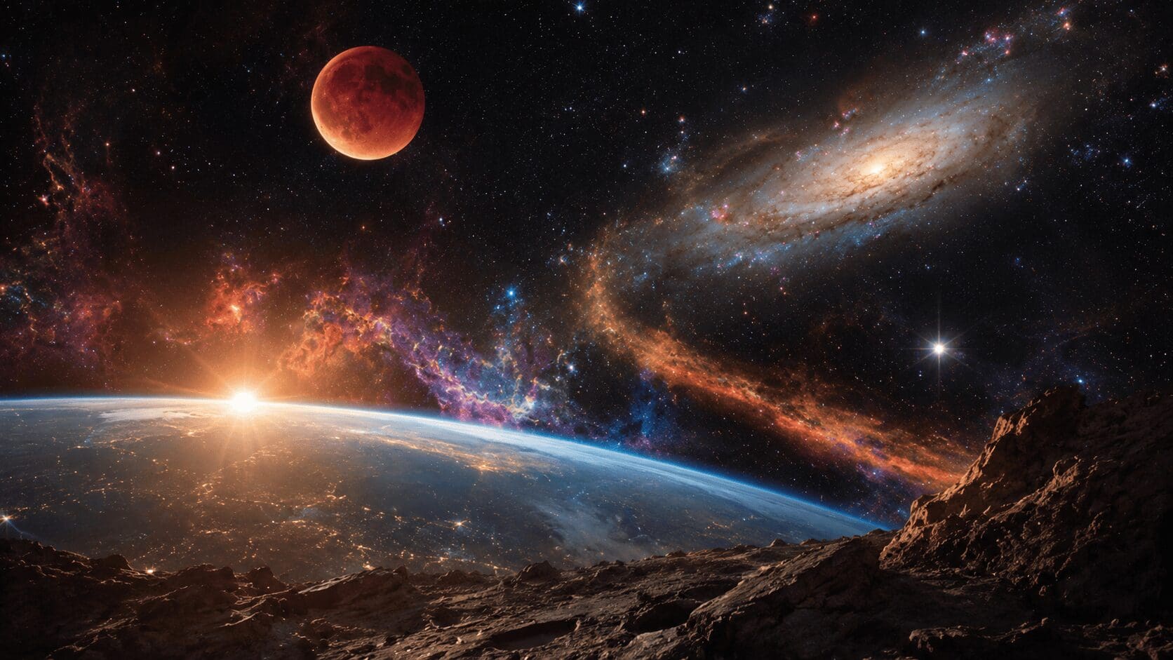 A comprehensive space facts infographic gallery exploring the mysteries of the universe, highlighted by a stunning view of Earth's atmospheric arc under the Milky Way, a vibrant stream of green and red auroras over city lights from orbit, and a high-contrast close-up of the cratered lunar surface.
