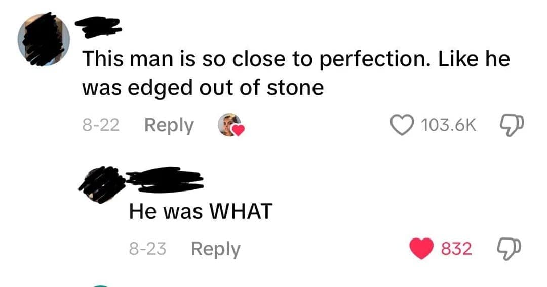 social media comment serving as a hilarious spelling fail, with a user admiring a man's physique by saying he was "edged out of stone" instead of "etched."