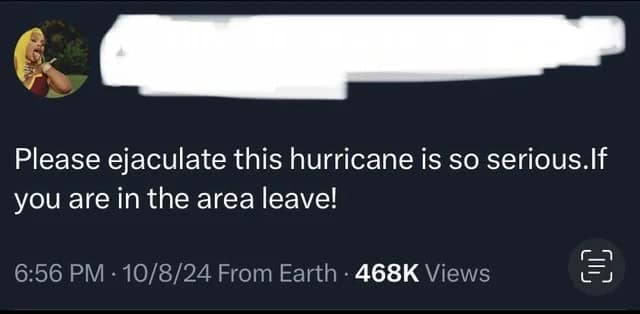 A catastrophic spelling fail tweet where a user warns followers to "Please ejaculate" because a hurricane is coming, clearly intending to type "evacuate."