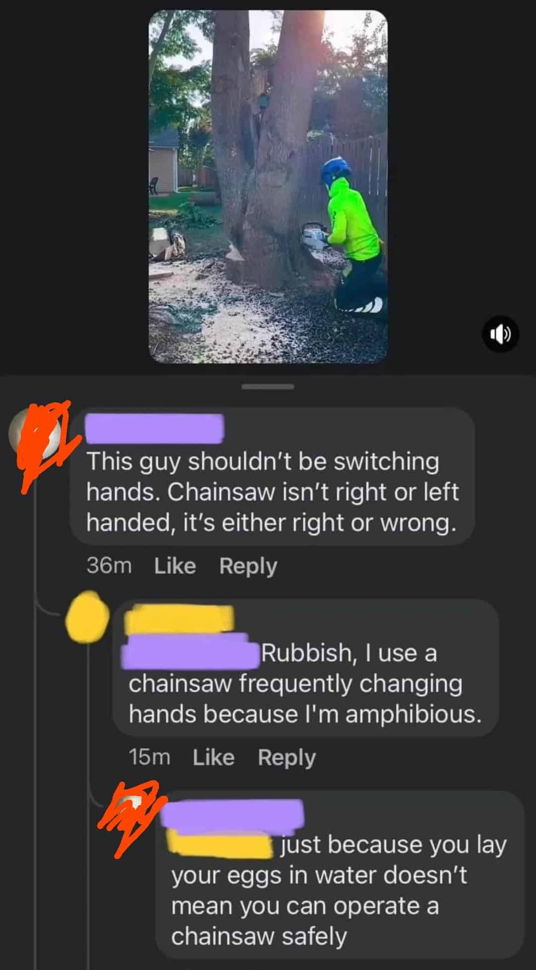 A Facebook comment thread where a man claims he can switch hands with a chainsaw because he is "amphibious," leading to a reply mocking his confusion with the word "ambidextrous."
