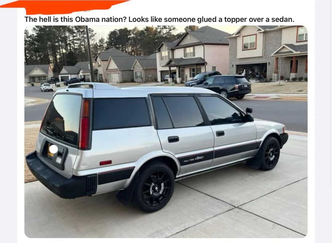 A photo of a strange car with a spelling fail caption that asks, "The hell is this Obama nation?", a phonetic disaster attempting to spell "abomination."