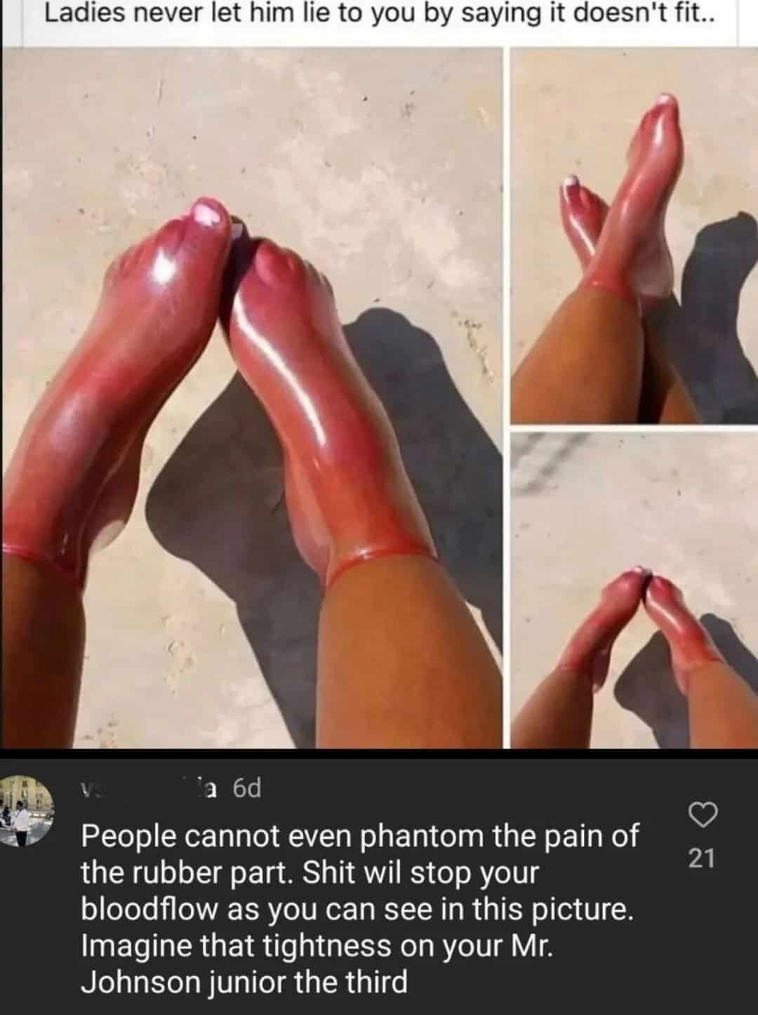 spelling fail comment beneath a photo of feet encased in tight red rubber, where a user claims people cannot even "phantom" the pain, mistakenly using a ghost for the word "fathom."