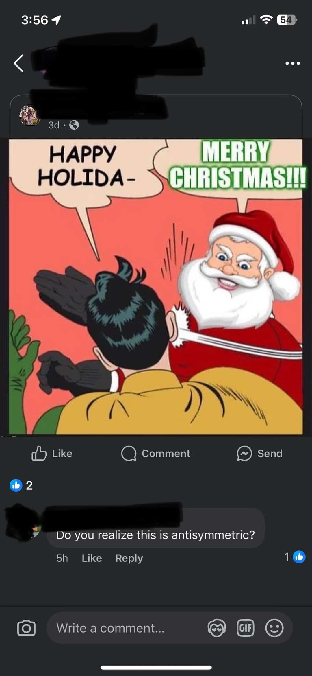 A Facebook comment spelling fail on a Santa Claus meme, where a user asks if the poster realizes the image is "antisymmetric," clearly confusing a math/physics term with "antisemitic."